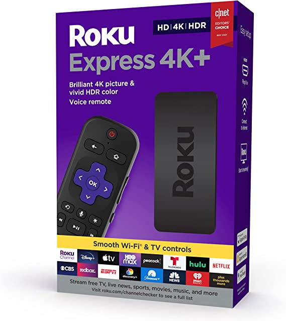 Roku Express 4K+ 2021 | Streaming Media Player HD/4K/HDR with Smooth Wireless Streaming and Roku Voice Remote with TV Controls